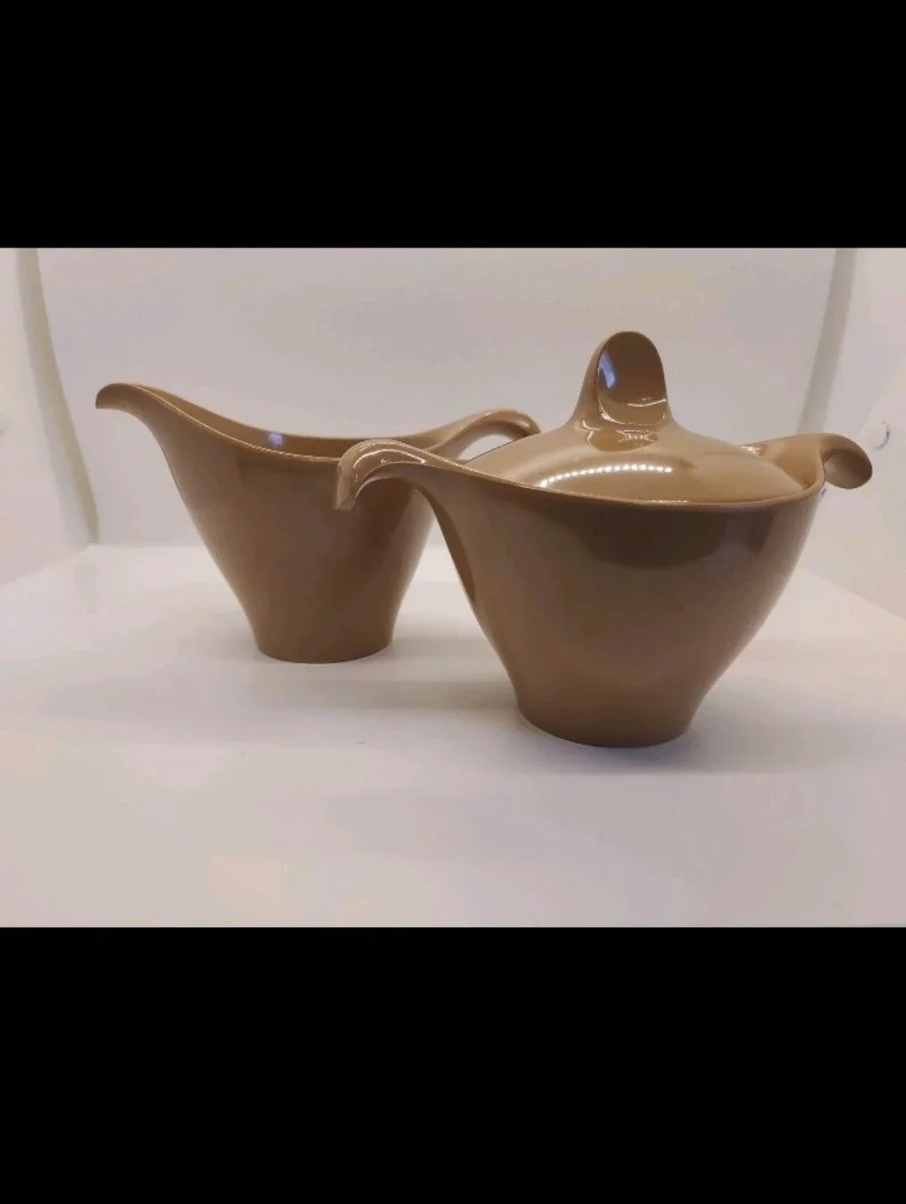 MCM Vintage Lenotex Lenox Melmac Melamine Sugar & Creamer Set Mocca Brown Nice!